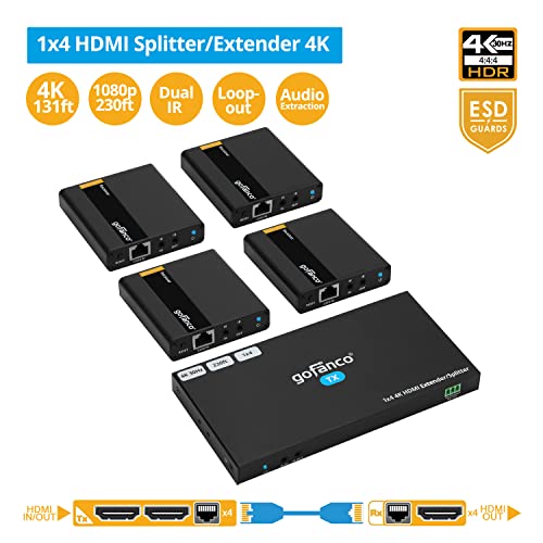 Gofanco 4K 1x4 HDMI Extender Splitter Over CAT6/7 - Long Distance 4K Signal Extension for Home Theater, Office, and Prof