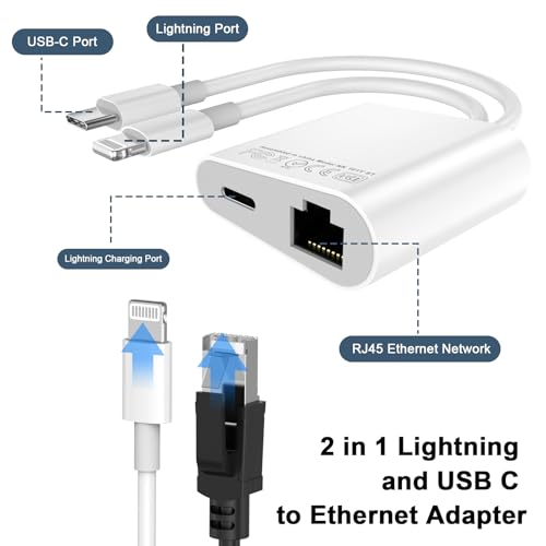 Apple Lightning and USB C to Ethernet Adapter 2 in 1 RJ45 Ethernet LAN Network Adapter with Charge Port for iPhone 16 15