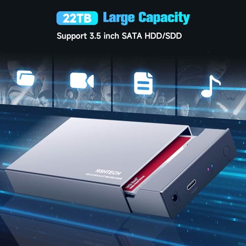 RSHTECH Updated |5" Aluminum Hard Drive Enclosure for |5" HDD & SSD, Up to 24TB, with USB C to SATA Cable, Supports UASP