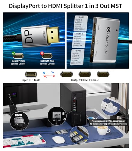 Reborn 4K@60Hz DisplayPort to HDMI Splitter for PC | Extended Display Multi Monitor Adapter for NVIDIA/AMD Graphic Card