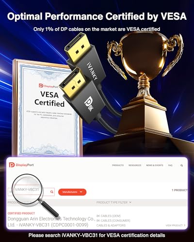IVANKY 8K DisplayPort Cable for Gaming Monitor and PC with FreeSync and G-Sync Support
| VESA Certified 6.6ft IVANKY 8K