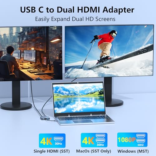 Dual HDMI Splitter with USB|0 and 100W PD for Dell/HP/Mac Laptop
| HDMI Splitter for 2 Monitors with USB C Hub and Exte