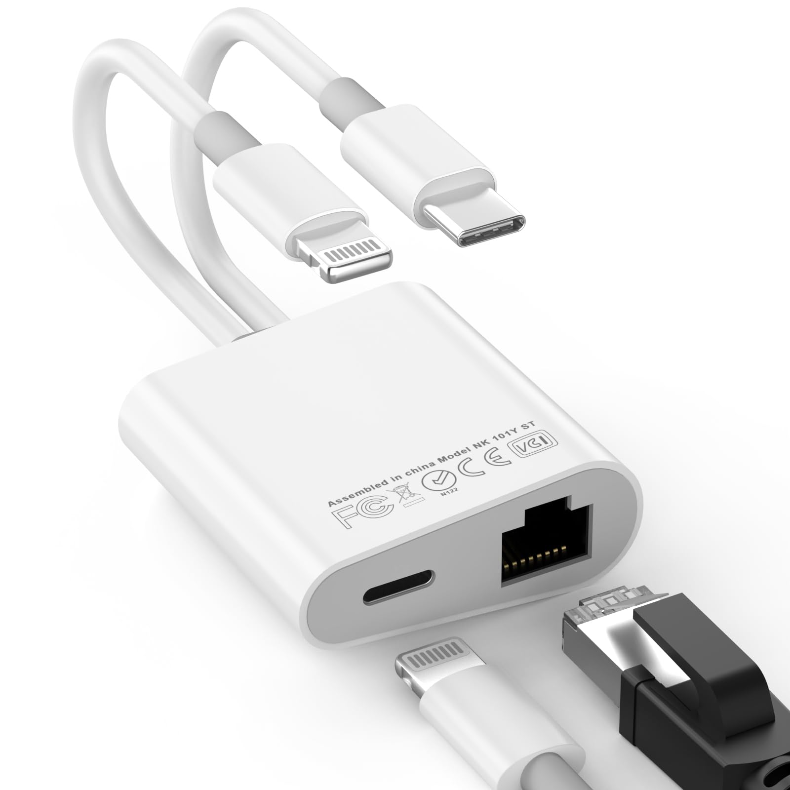 Apple Lightning and USB C to Ethernet Adapter 2 in 1 RJ45 Ethernet LAN Network Adapter with Charge Port for iPhone 16 15