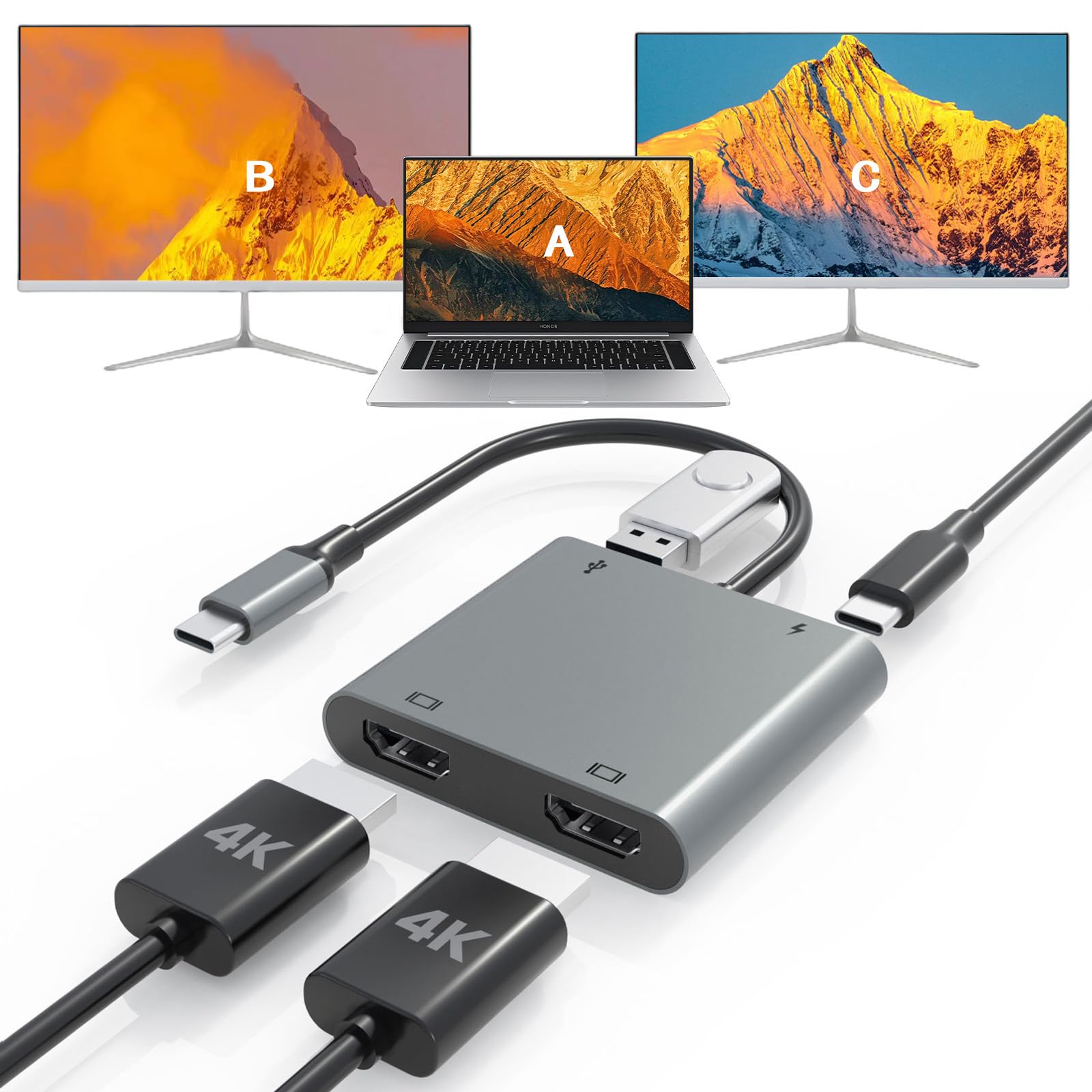 USB-C to Dual HDMI Adapter - For Extended Display, 100W PD Support - Windows & macOS Compatible - 4K@60Hz Dual HDMI Spli
