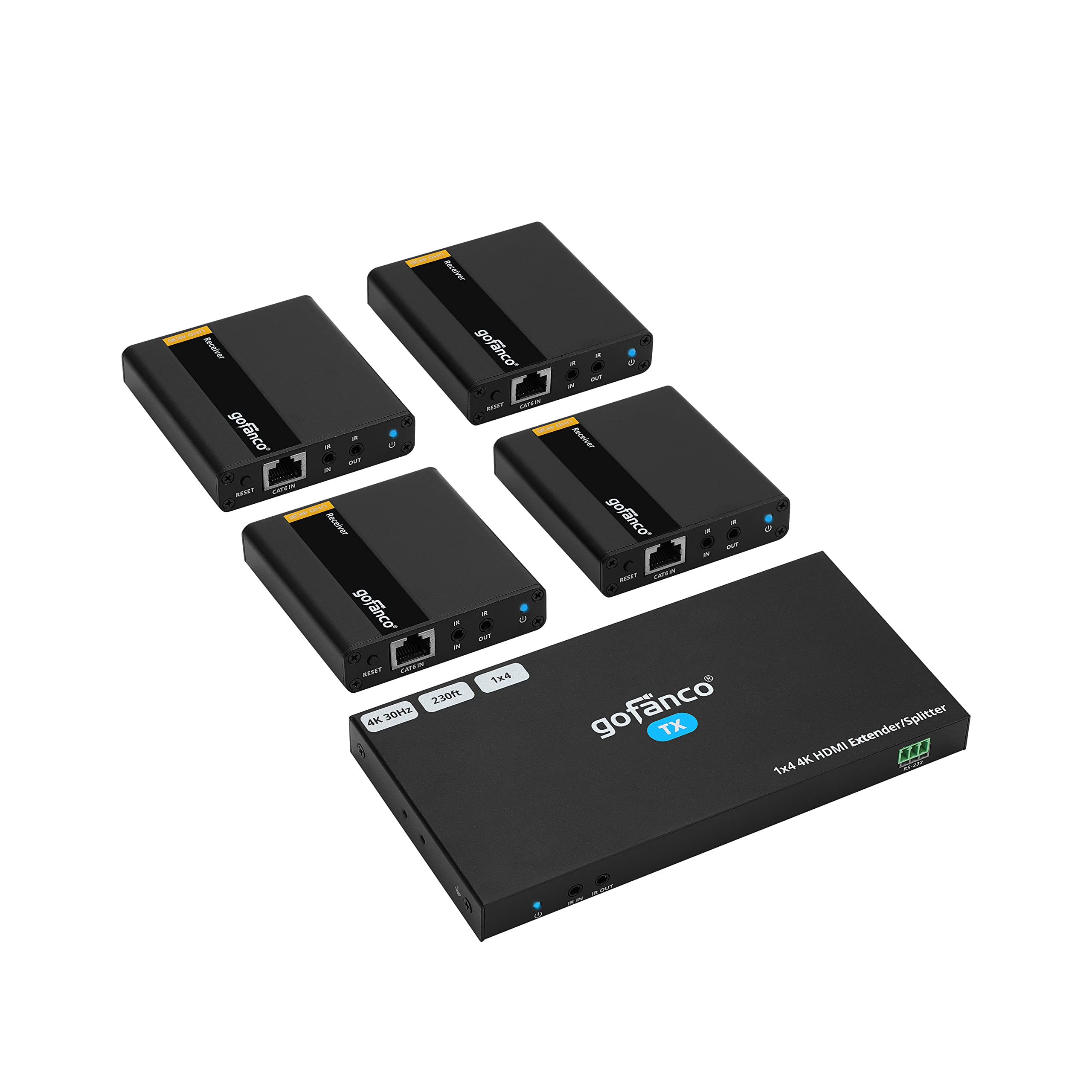 Gofanco 4K 1x4 HDMI Extender Splitter Over CAT6/7 - Long Distance 4K Signal Extension for Home Theater, Office, and Prof